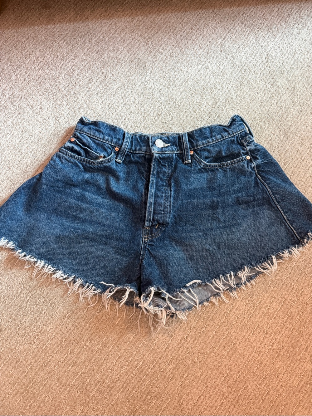 MOTHER Dark Blue Frayed High-Rise Denim Shorts